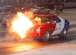 Joey Scott suffered an engine failure in his AMC AMX on the starting line during last week’s Friday Night Drags at Atlanta Motor Speedway. Photo by Tom Francisco/Speedpics.net