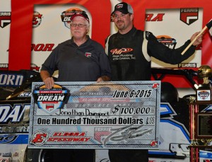 Jonathan Davenport celebrates in victory lane after being awarded the victory in Saturday night's Dirt Late Model Dream race at Eldora Speedway.  The Blairsville, GA driver scored the win after apparent winner Scott Bloomquist was disqualified.  Photo by Rick Schwallie