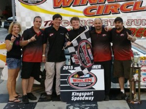 Justin Fontaine and his crew celebrate their first-ever NASCAR Whelen All-American Series Late Model Stock Car victory during the first twin 35-lap feature Friday night at Kingsport Speedway.  Photo by Randall Perry