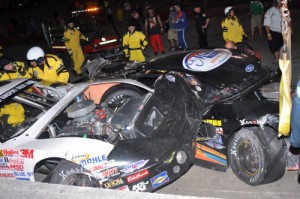 Justin Fontaine (60) and Wayne Hale (19) tangled and wrecked on the front straightaway during the second Late Model feature. Neither driver was injured in the shunt.  Photo by Randall Perry