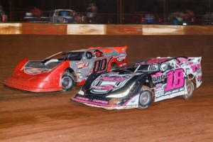 Michael Page (18) battles with Johnny Chastain (00) for the lead in Saturday night's Super Late Model feature at Dixie Speedway.  Page would go on to score the victory.  Photo by Kevin Prater/praterphoto.com