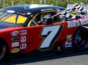 Mike Rowe takes a victory lap after scoring the PASS North Super Late Model Series victory Sunday afternoon at Speedway 95.  Photo courtesy PASS Media