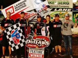 Shane Stewart made the trip to victory lane with a win in the World of Outlaws Sprint Car Series Friday night at Crawford County Speedway.  Photo by Schraeder Photography