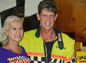 Terry Smith celebrates a hard fought $3,000 victory Saturday night in the Chevrolet Performance Super Late Model Series race at Talladega Short Track.  Photo courtesy NeSmith Media