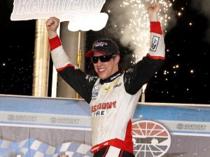 Brad Keselowski celebrates in victory lane after winning Friday's NASCAR Xfinity Series race at Kentucky Speedway.  Photo by Sean Gardner/NASCAR via Getty Images