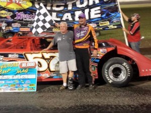 Bub McCool celebrates in victory lane after winning Saturday's Southern All Stars feature at Magnolia Motor Speedway.  Photo courtesy SAS Media