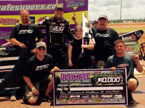 Chris Ferguson celebrates with his team in victory lane after scoring the win in Sunday's Ultimate Super Late Model Series feature at Golden Isles Speedway.  Photo courtesy Chris Ferguson/Facebook