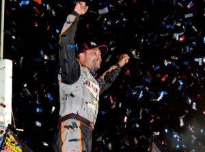 Donny Schatz celebrates after winning Saturday night's World of Outlaws Sprint Car Series race at Cedar Lake Raceway. Photo courtesy WoO Media