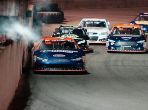 James Bickford (6) leads the pack en route to the NASCAR K&N Pro Series West victory Saturday night at Stateline Speedway.  Photo by Getty Images for NASCAR