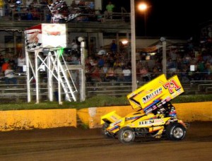 Joey Saldana crosses under the checkered flag to score the World of Outlaws Sprint Car Series victory Sunday night at Cedar Lake Speedway.  Photo courtesy WoO Media