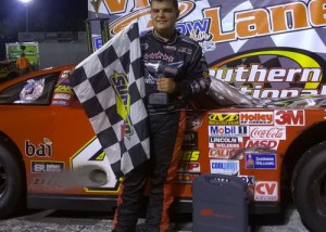 Jonathan Findley celebrates in victory lane after winning his first Late Model feature victory Saturday at Southern National Motorsports Park.  Photo courtesy SNMP Media