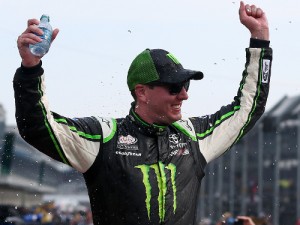 Kyle Busch celebrates in Victory Lane after winning Saturday's NASCAR Xfinity Series race at Indianapolis Motor Speedway.  Photo by Sarah Crabill/NASCAR via Getty Images