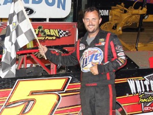 Mark Whitener made the trip to victory lane with a win in the second Late Model feature at East Bay.  Photo courtesy EBRP