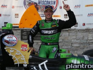 Sebastien Bourdais celebrates after winning Sunday's Verizon IndyCar Series race at The Milwaukee Mile.  Photo by Chris Jones