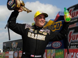 Tony Schumacher celebrates after winning Sunday's Top Fuel final for the NHRA Mello Yello Drag Racing Series at Route 66 Raceway.  Photo courtesy NHRA Media