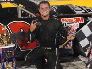 Trey Gibson made his second trip to Anderson Motor Speedway's victory lane with a win in the second Late Model feature.  Photo by Christy Kelley