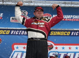 Woody Pitkat celebrates in victory lane after winning Friday's NASCAR Whelen Modified Tour All-Star Shootout at New Hampshire Motor Speedway.  Photo by Todd Warshaw/NASCAR via Getty Images