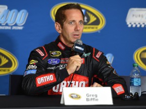 Greg Biffle speaks to members of the media before Friday's practice for the NASCAR Sprint Cup Series race at Michigan International Speedway.  Photo by Josh Hedges/Getty Images