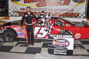 Kres VanDyke made the trip to Kinsport Speedway's victory lane after the apparent winner in the Late Model Stock feature failed post-race tech.  Photo courtesy Kingsport Speedway Media