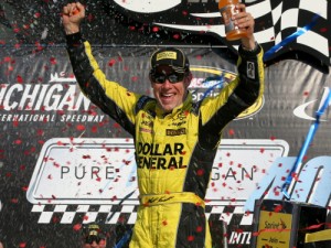 Matt Kenseth celebrates in victory lane after winning Sunday's NASCAR Sprint Cup Series race at Michigan International Speedway.  Photo by Nick Laham/NASCAR via Getty Images