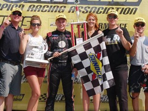 Christopher Bell celebrates with his Kyle Busch Motorsports team after winning Monday's ARCA/CRA Super Series Winchester 100 at Winchester Speedway.  Photo by R&S Racing Photos