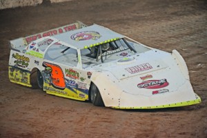 Dustin Linville scores the victory in Friday night's Southern National Bonus Series Super Late Model feature at Ponderosa Speedway. Photo courtesy McLeod Media Services