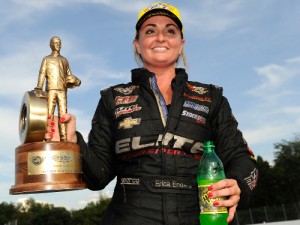 Erica Enders celebrates after scoring her first zMax Dragway Pro Stock victory. Photo courtesy NHRA Media