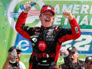 John Hunter Nemechek celebrates in victory lane after winning Saturday morning's NASCAR Camping World Truck Series race at Chicagoland Speedway.  Photo by Jonathan Ferrey/Getty Images