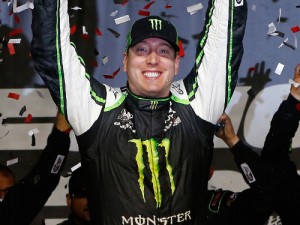 Kyle Busch celebrates in victory lane after winning Saturday night's NASCAR Xfinity Series race at Chicagoland Speedway.  Photo by Matt Sullivan/Getty Images