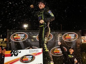 Noah Gragson celebrates his second career NASCAR K&N Pro Series West win Saturday night at Meridian Speedway. Photo by Getty Images for NASCAR