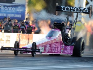 Antron Brown stayed atop the Top Fuel speed charts in Saturday's qualifying rounds at Las Vegas. Photo courtesy NHRA Media