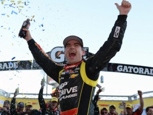 Jeff Gordon celebrates his October 2013 victory at Martinsville Speedway.  In all, Gordon has scored eight victories at the Virginia raceway.  A ninth win on Sunday would punch his ticket for the Championship round of the Chase for the Sprint Cup.  Photo by Robert Laberge/NASCAR via Getty Images