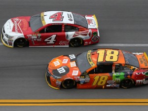 Kevin Harvick (4) races with Kyle Busch (18) during Sunday's NASCAR Sprint Cup Series race at Talladega Superspeedway.  Photo by Sean Gardner/NASCAR via Getty Images