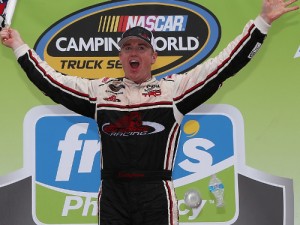 Timothy Peters celebrates in victory lane after winning Saturday's NASCAR Camping World Truck Series race at Talladega Superspeedway.  Photo by Todd Warshaw/Getty Images