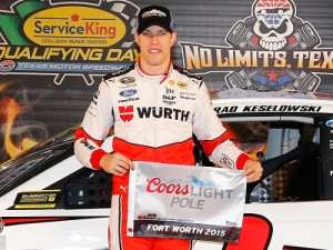 Brad Keselowski poses with the Coors Light Pole Award after qualifying for pole position for Sunday's NASCAR Sprint Cup Series race at Texas Motor Speedway.  Photo by Jonathan Ferrey/Getty Images