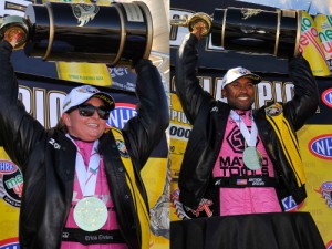 Erica Enders (left) wrapped up the NHRA Pro Stock championship and Antron Brown (right) scored his second NHRA Top Fuel title Sunday at Las Vegas.  Photos courtesy NHRA Media