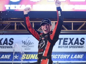 Erik Jones celebrates in victory lane after winning Friday night's NASCAR Camping World Truck Series race at Texas Motor Speedway.  Photo by Rainier Ehrhardt/NASCAR via Getty Images