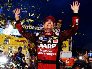 Jeff Gordon celebrates in victory lane after a wild finish to Sunday's NASCAR Sprint Cup Series race at Martinsville Speedway. Photo by Jonathan Moore/Getty Images