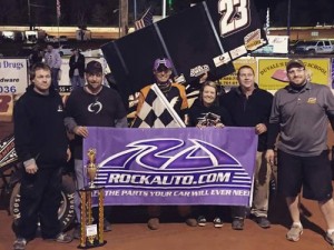 Trey Starks celebrates in victory lane after winning Saturday night's USCS Sprint Car Series race at Cherokee Speedway.  Photo by Madison Mabry