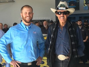 Brian Scott (left) and car owner Richard Petty (right) pose for photos after announcing that Scott will drive Petty's No. 9 Ford on the NASCAR Sprint Cup Series in 2016. Photo by Pete McCole