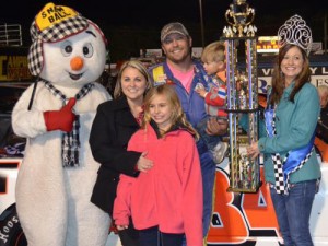 Steven Davis celebrates with his family in victory lane after winning Saturday night's Snowball Derby weekend Truck feature at 5 Flags Speedway.  Photo by Eddie Richie/Turn One Photos/Loxley, AL