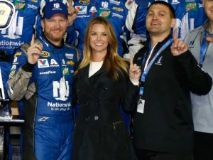 Dale Earnhardt, Jr. poses in victory lane after winning the first NASCAR Sprint Cup Series Can-Am Duel qualifying race Thursday night at Daytona International Speedway. Photo by Brian Lawdermilk/Getty Images