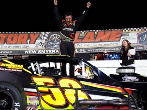 Eric Goodale defended his Blewett Memorial 76 win at New Smyrna Speedway Wednesday night.  Photo courtesy Jason Christley 