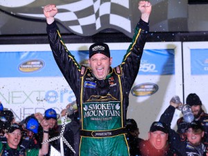 Johnny Sauter celebrates after winning Friday night's NASCAR Camping World Truck Series race at Daytona International Speedway. Photo by Chris Trotman/NASCAR via Getty Images