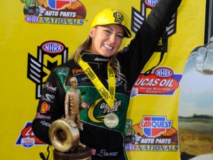 Leah Pritchett celebrates after getting her first NHRA Top Fuel victory Sunday at Wild Horse Pass Motorsports Park.  Photo: NHRA Media