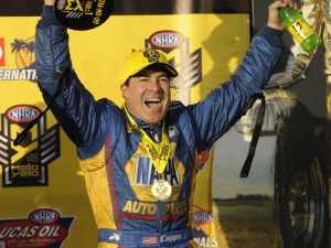 Ron Capps celebrates after winning the season opening Funny Car race for the NHRA Mello Yello Drag Racing Series at Pomona on Sunday.  Photo: NHRA Media