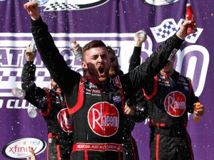 Austin Dillon celebrates in victory lane after winning Saturday's NASCAR Xfinity Series race at Auto Club Speedway. Photo by Jeff Zelevansky/NASCAR via Getty Images