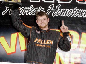 Austin Thaxton celebrates in victory lane after winning Saturday's Late Model feature at South Boston Speedway.  Photo: South Boston Speedway