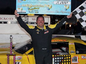 Ben Rowe celebrates in victory lane after winning Saturday night's Easter Bunny 150 for the PASS South Super Late Model Series at Hickory Motor Speedway.  Photo by Laura / LWpictures.com