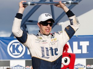 Brad Keselowski celebrates in victory lane after winning Sunday's NASCAR Sprint Cup Series race at Las Vegas Motor Speedway.  Photo by Brian Lawdermilk/NASCAR via Getty Images